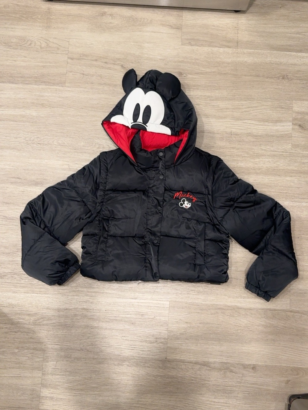 Forever 21 Kids Black Mickey Hooded Puffer Jacket with Red Lining